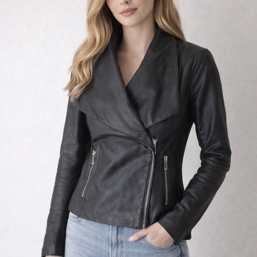 Vince | black leather moto asymmetrical zip paper leather knit moto style jacket